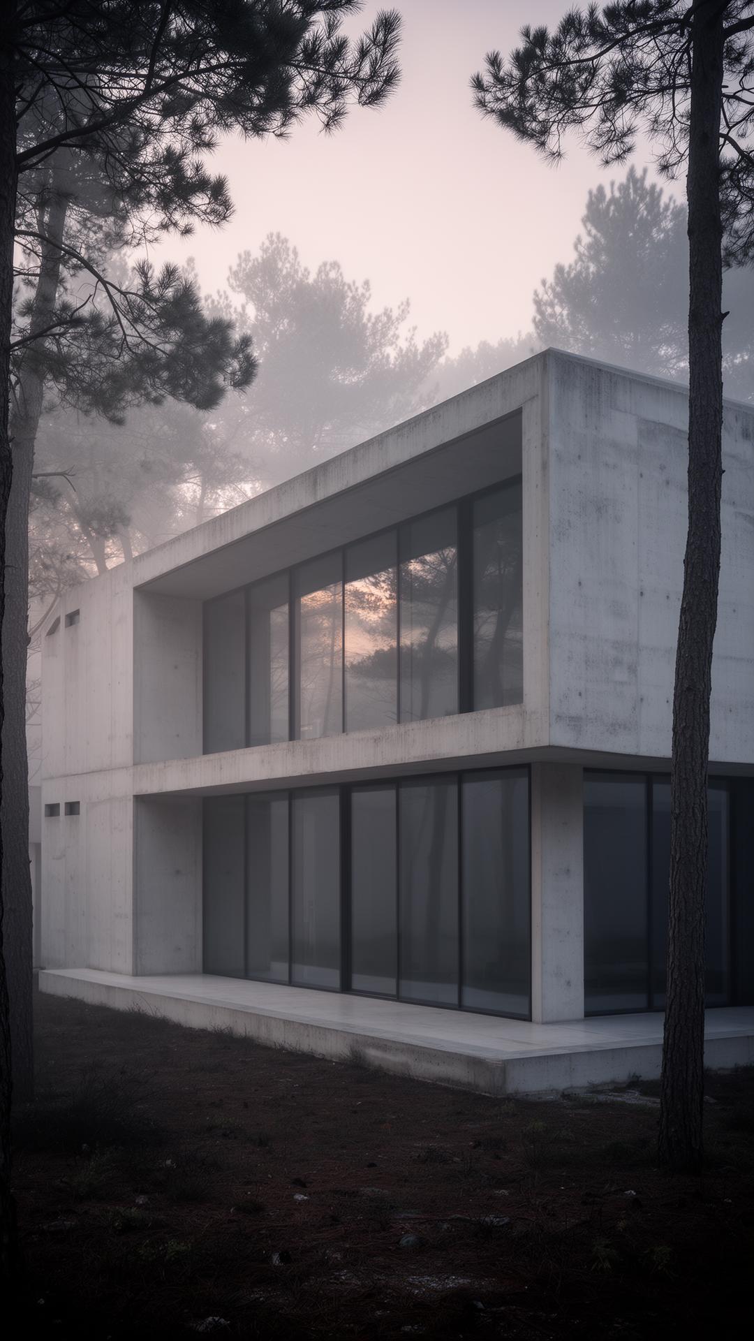 Brutalistyczna willa z betonu wkomponowana w mglisty las